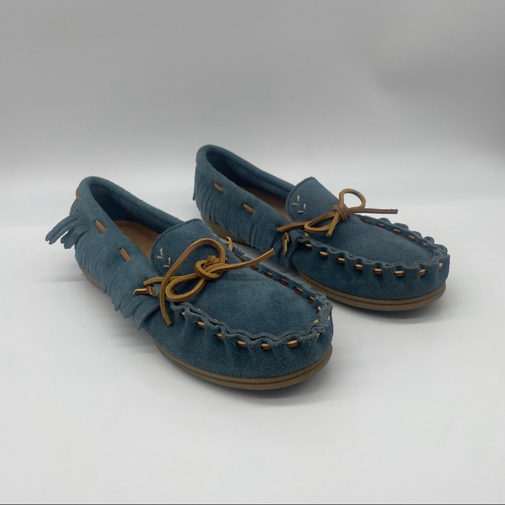 Minnetonka Kilty Blue Suede Moccasins. Size 10